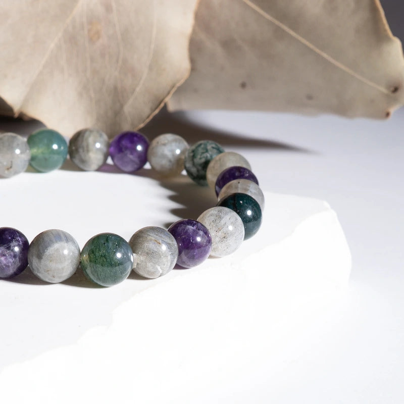 Bracelet "Confiance & Timidité" Agate Mousse, Améthyste, Labradorite - Triple