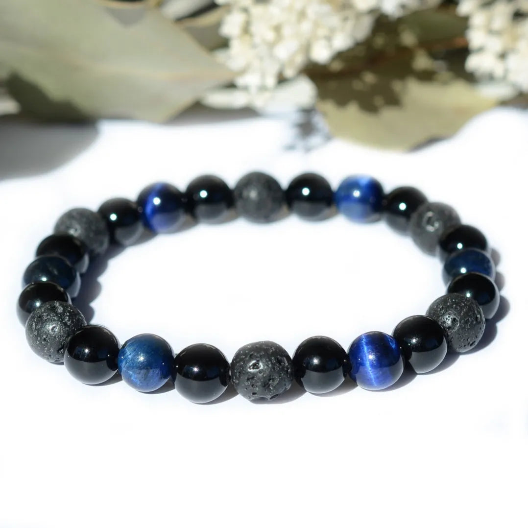 Bracelet "Force Triple" Oeil de Tigre Bleu, Onyx, Pierre de lave