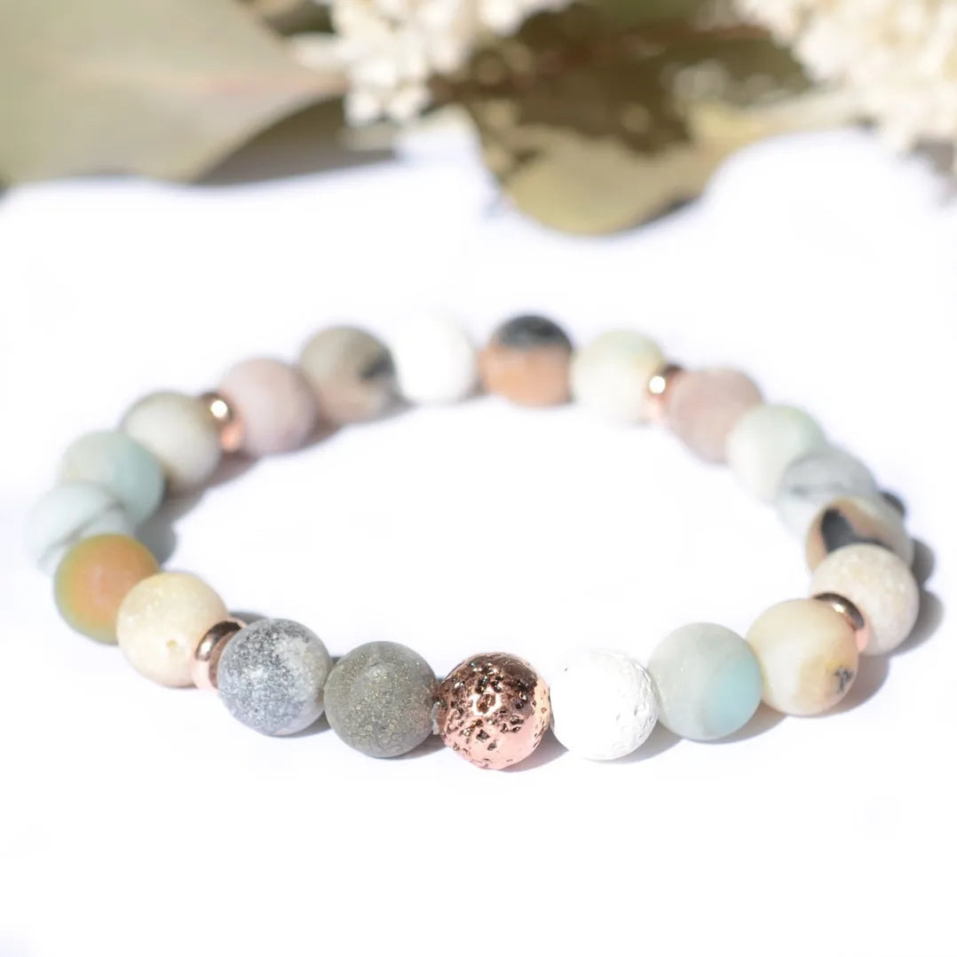Bracelet "Anti-Âge" Amazonite, Pierre de Lave Rose et Blanche