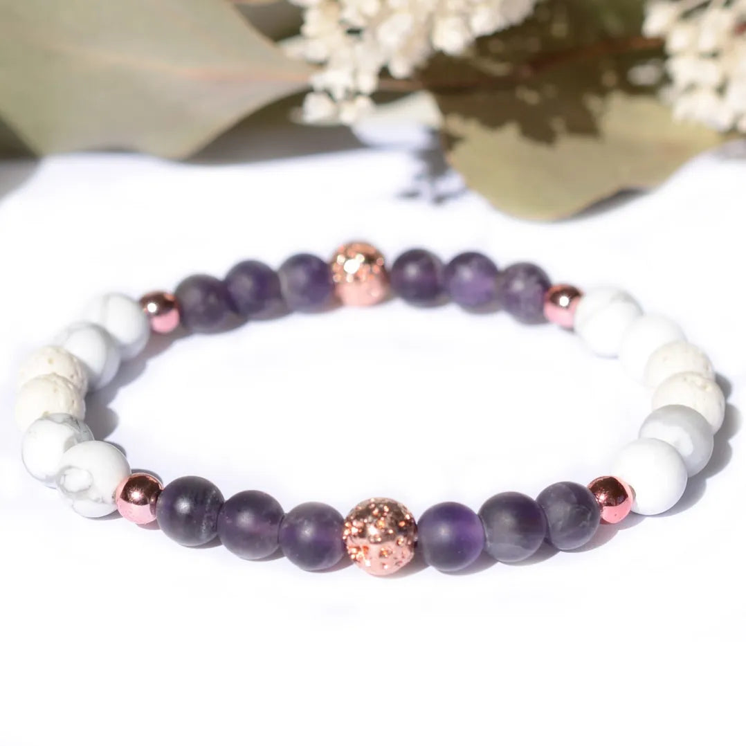 Bracelet "Anti-stress" Améthyste et Howlite dépolie Rose Gold - Pierres boules