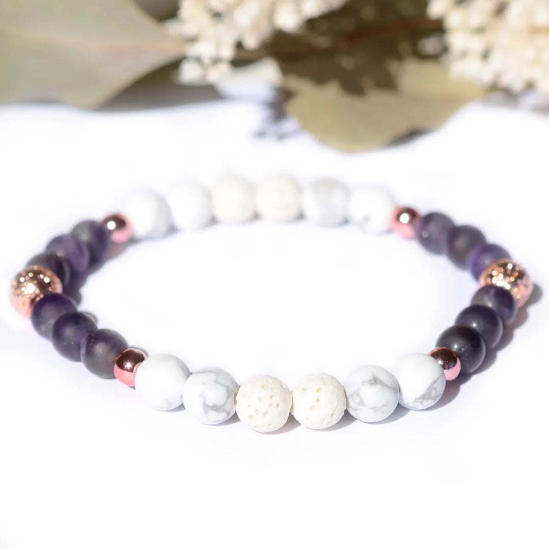 Bracelet "Anti-stress" Améthyste et Howlite dépolie Rose Gold - Pierres boules