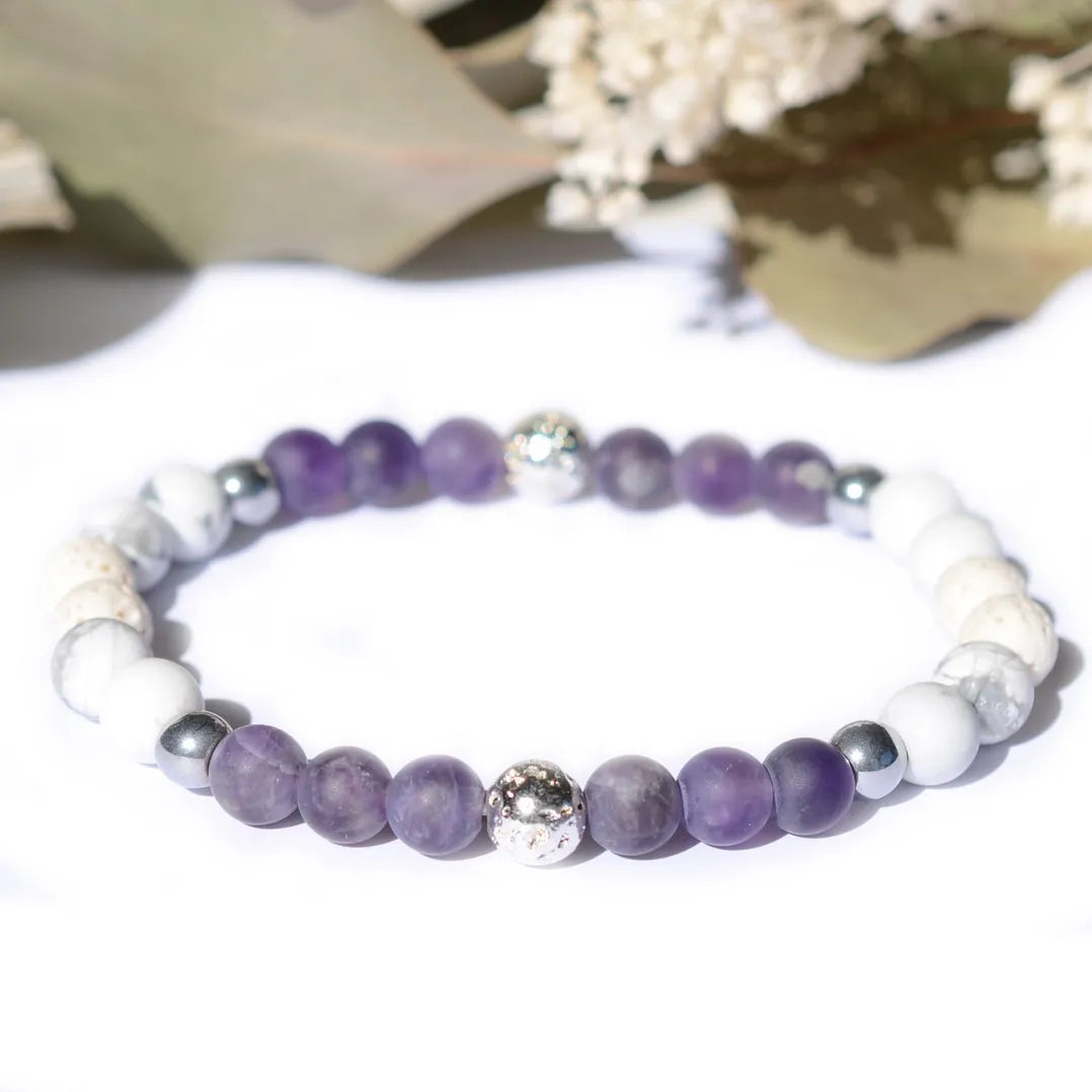 Bracelet "Anti-stress" Améthyste et Howlite dépolie Argent - Pierres boules