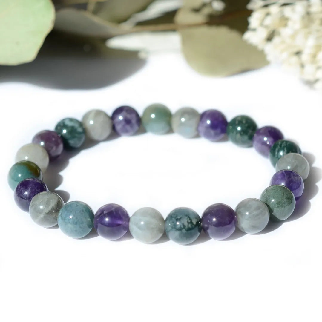 Bracelet "Confiance & Timidité" Agate Mousse, Améthyste, Labradorite - Mix