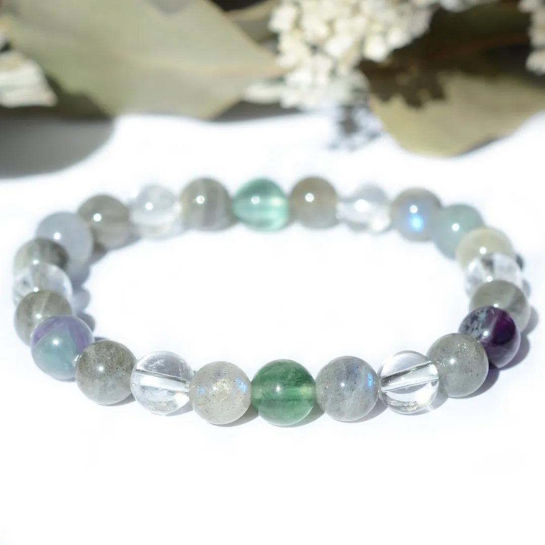 Bracelet "Migraines" Cristal de Roche, Fluorine, Labradorite - Triple