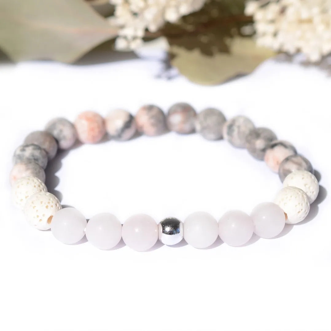 Bracelet "Ménopause" Jaspe Zèbre, Quartz Rose et Pierre de Lave Blanche