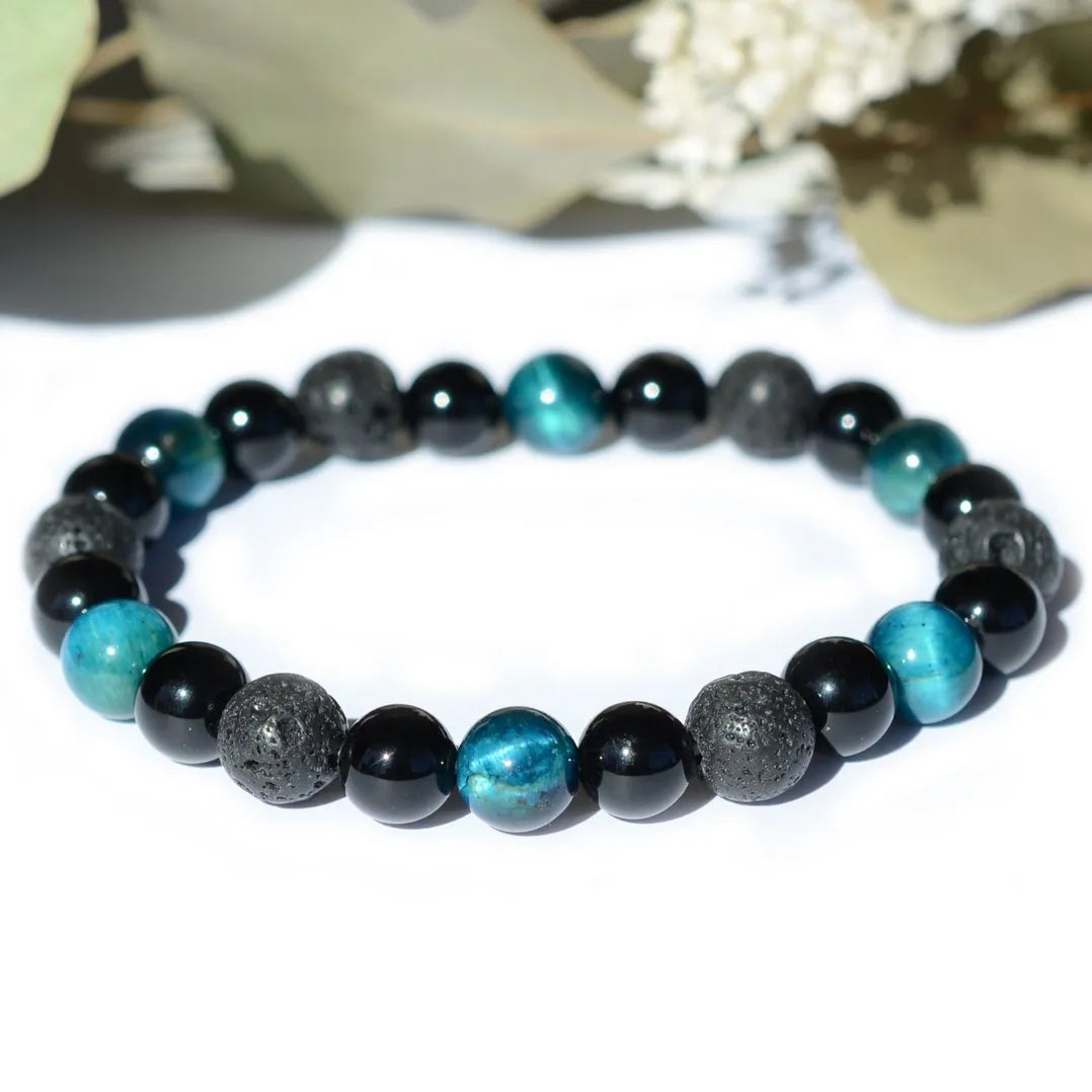 Bracelet "Force Triple" Oeil de Tigre Bleu Clair, Onyx, Pierre de lave