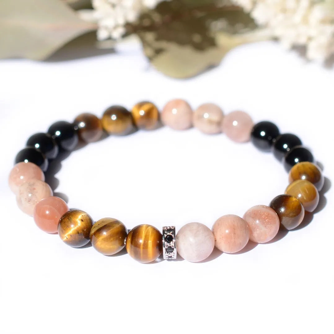 Bracelet "Énergie" Oeil de Tigre, Pierre de Soleil, Tourmaline Noire - Dakota