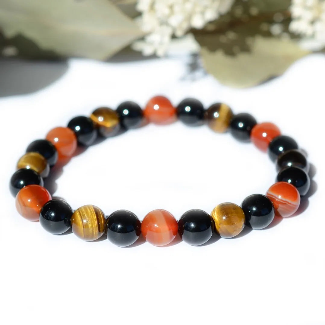 Bracelet "Énergie" Cornaline, Onyx, Oeil de Tigre - Triple