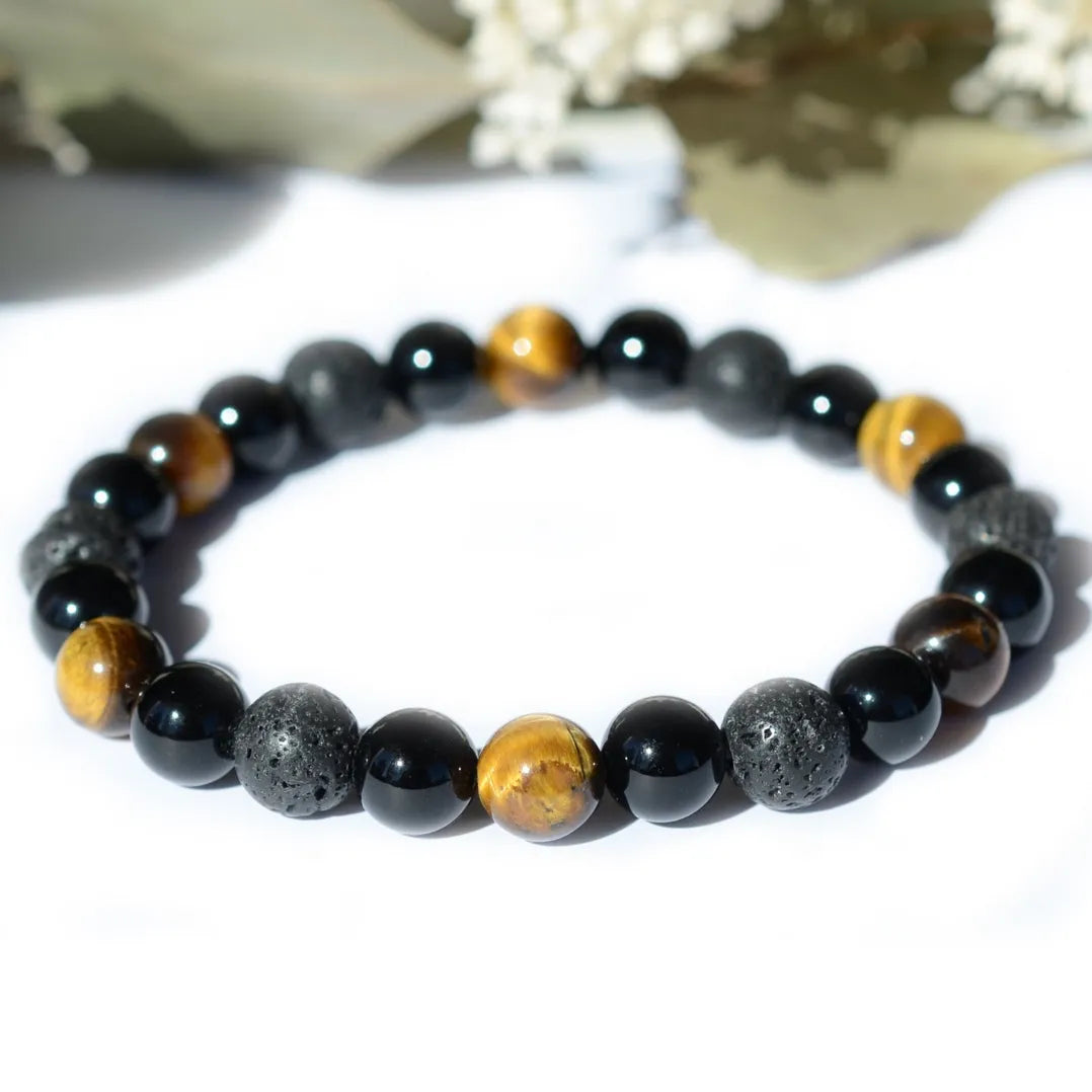 Bracelet "Force Triple" Oeil de Tigre, Onyx, Pierre de lave