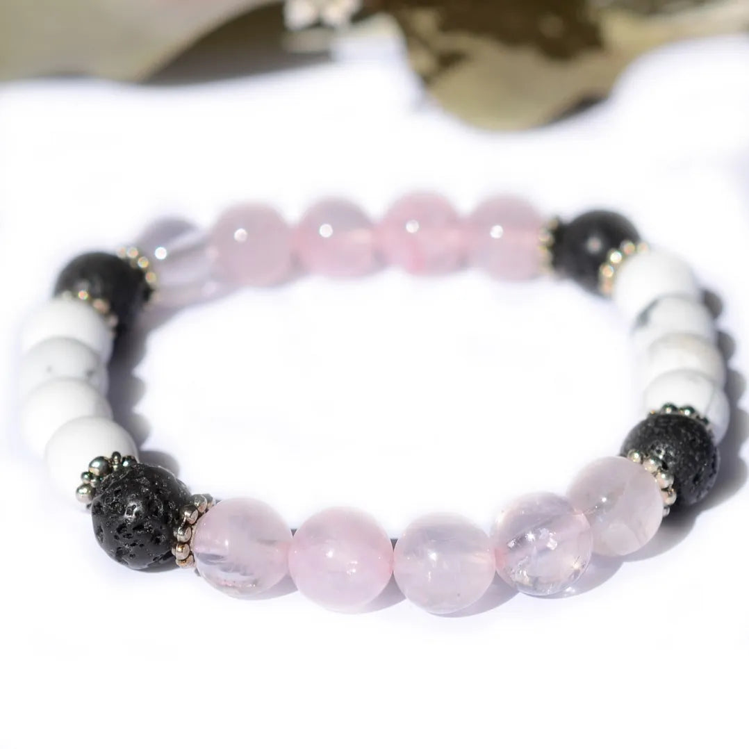 Bracelet "Amour & Guérison" Howlite, Quartz Rose, Pierre de Lave