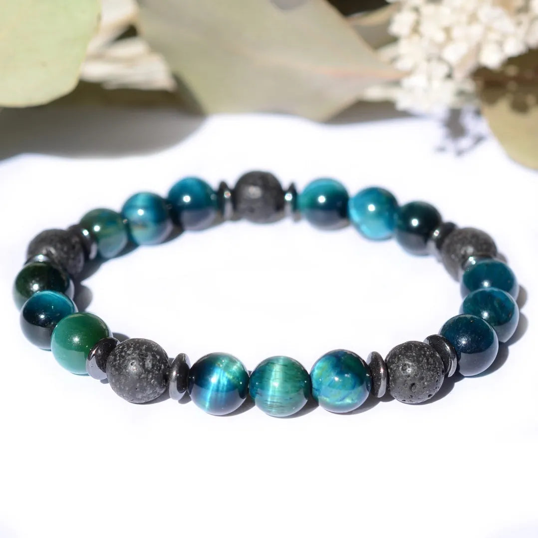 Bracelet "Protection" Oeil de Tigre Bleu et Pierre de Lave