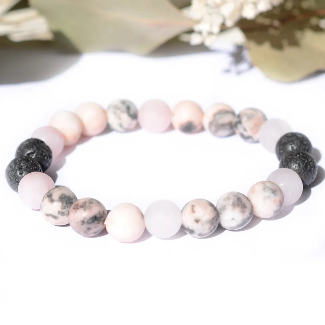 Bracelet "Ménopause" Jaspe Zèbre, Quartz Rose dépoli et Pierre de Lave - Pierres boules