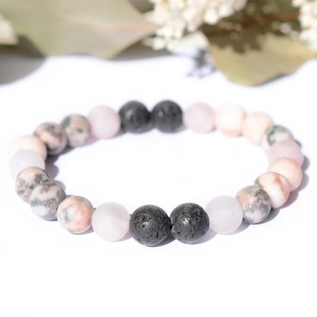 Bracelet "Ménopause" Jaspe Zèbre, Quartz Rose dépoli et Pierre de Lave - Pierres boules