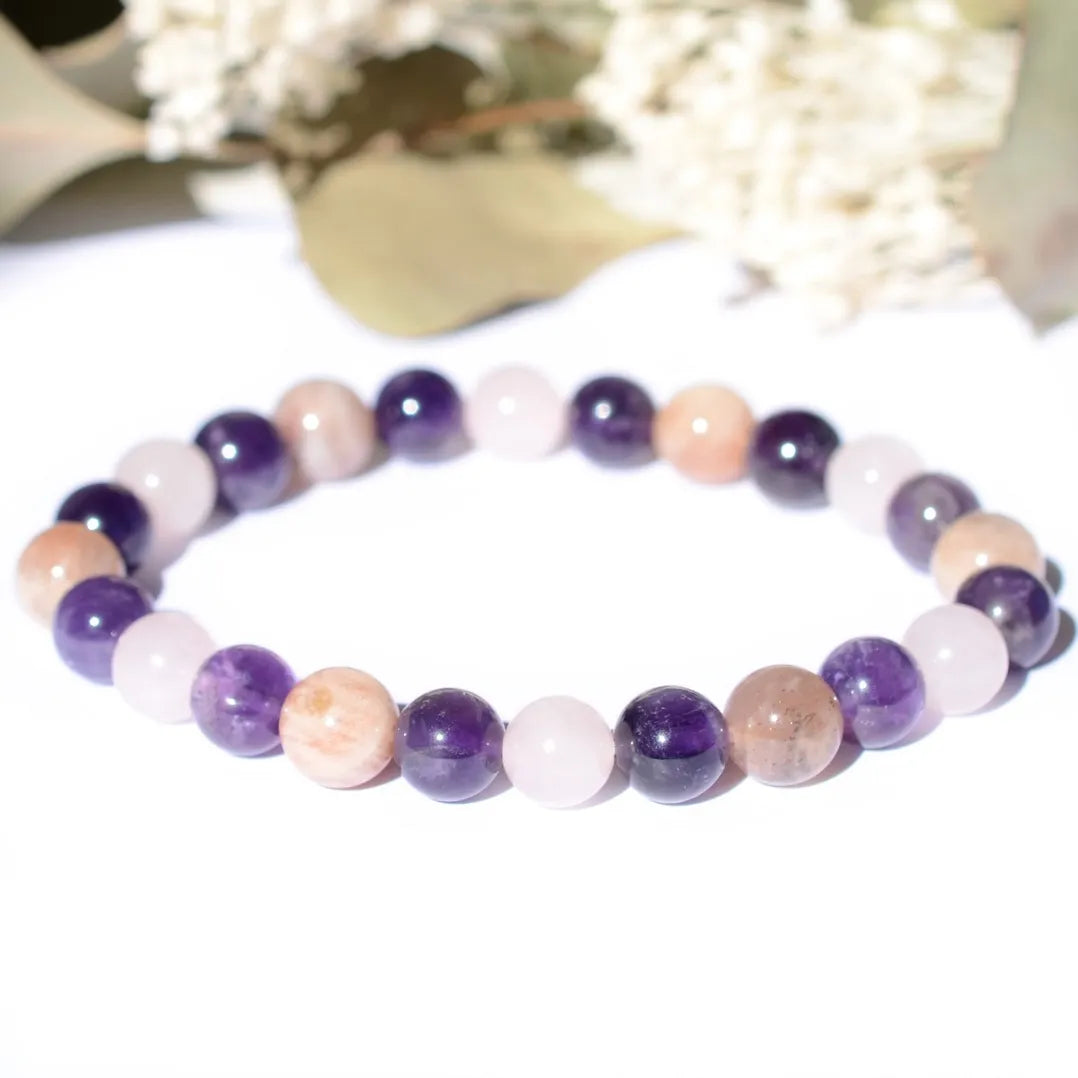 Bracelet "Sommeil & Insomnies" Améthyste, Pierre de Soleil, Quartz Rose - Triple