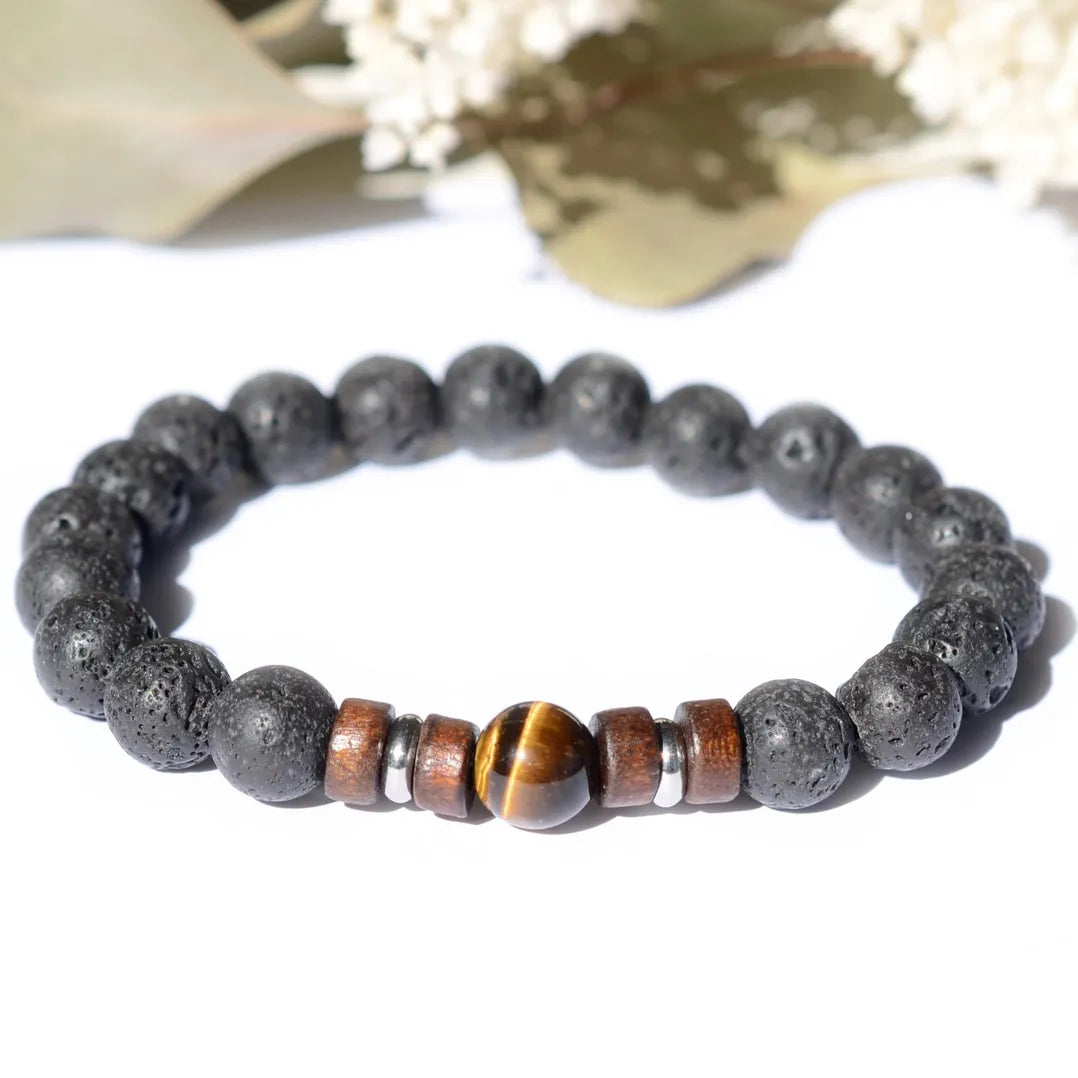 Bracelet "Force" Oeil de Tigre et Pierre de Lave