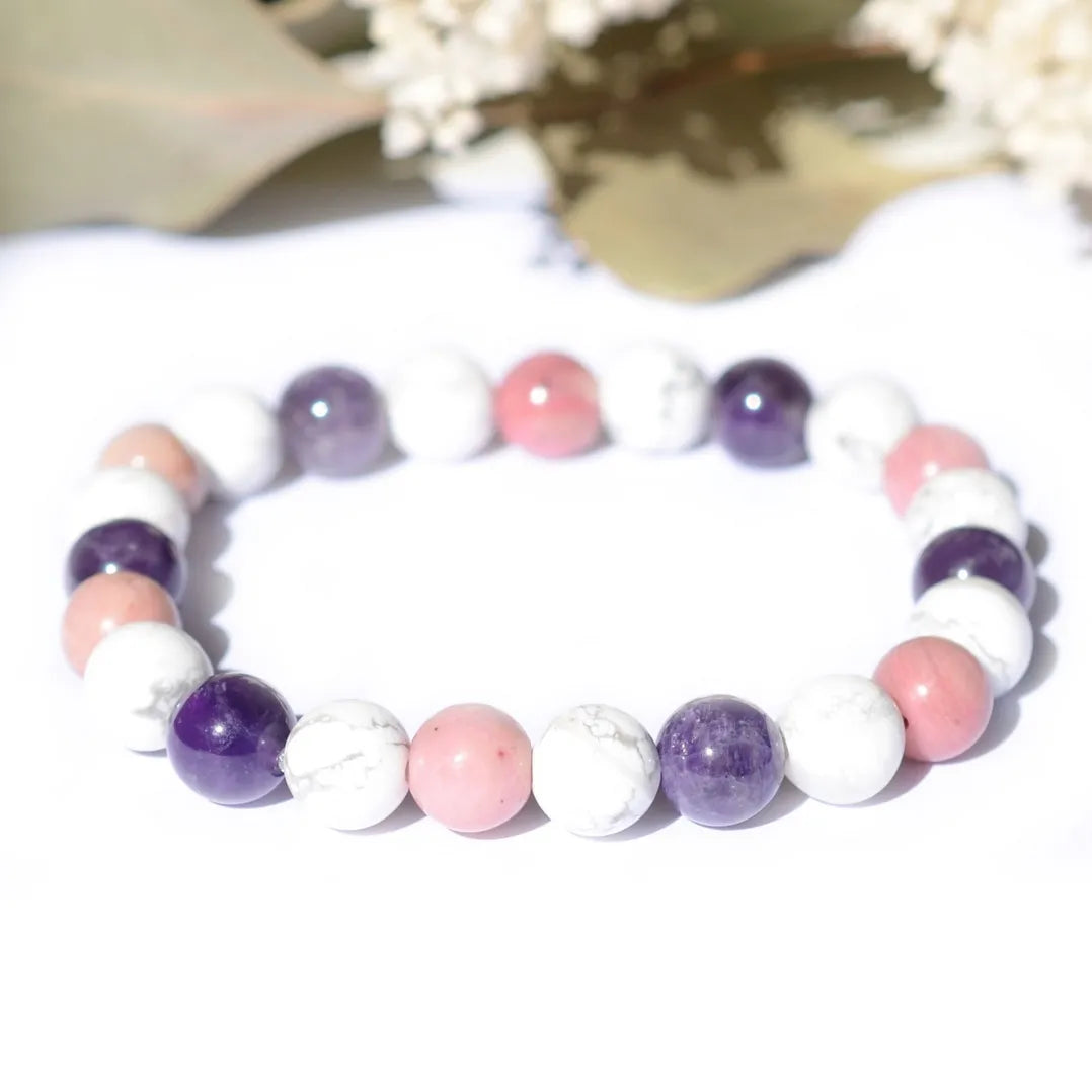 Bracelet "Anti-Stress" Améthyste, Howlite, Rhodonite - Triple