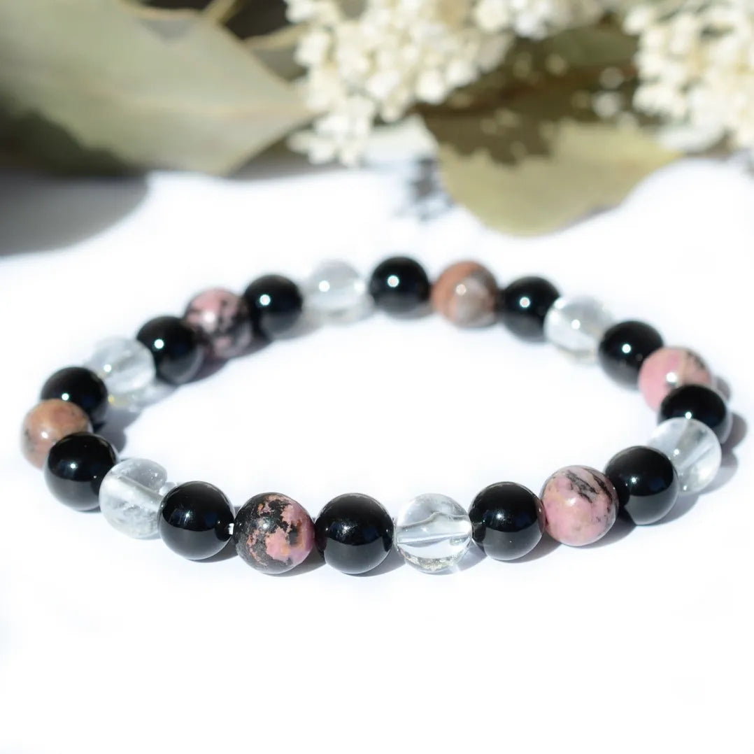 Bracelet "Dépression" Cristal de Roche, Onyx, Rhodonite - Triple