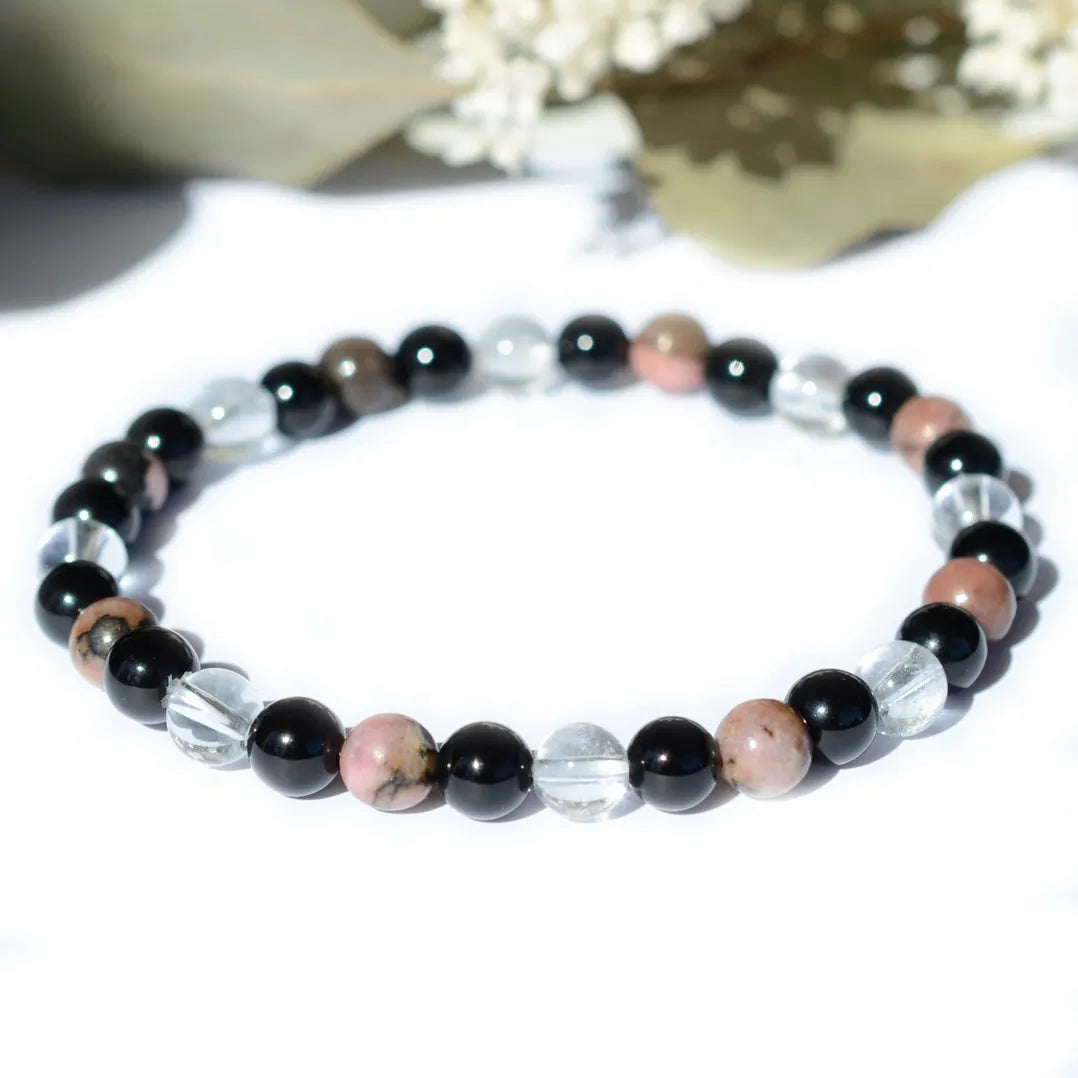Bracelet "Dépression" Cristal de Roche, Onyx, Rhodonite - Triple