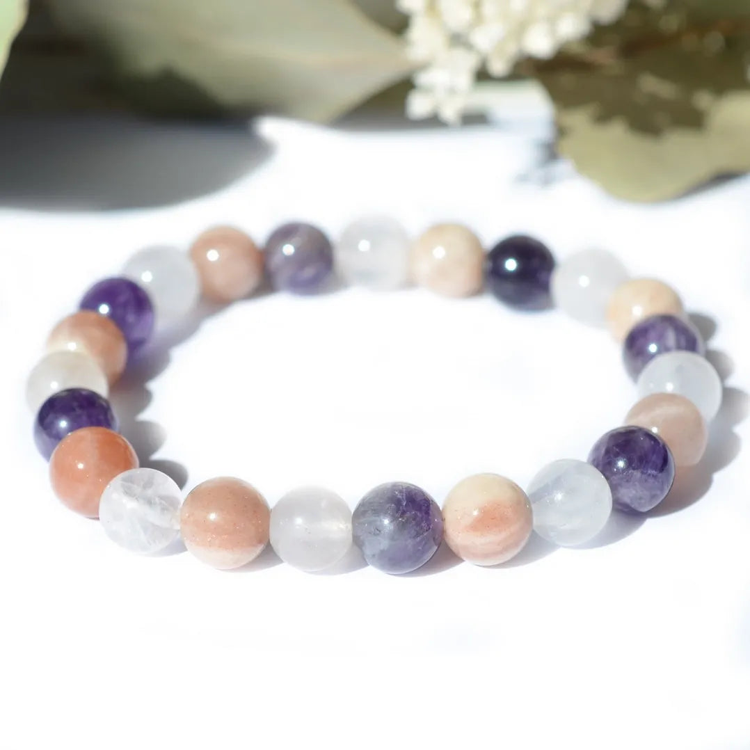 Bracelet "Sommeil & Insomnies" Améthyste, Pierre de Soleil, Quartz Rose - Mix