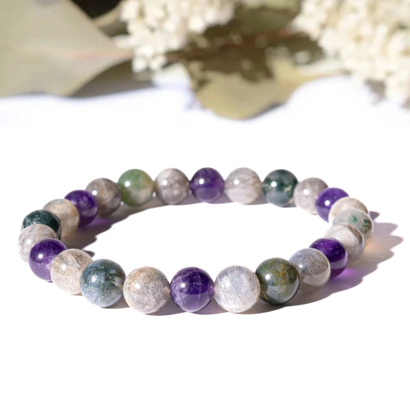 Bracelet "Confiance & Timidité" Agate Mousse, Améthyste, Labradorite - Triple