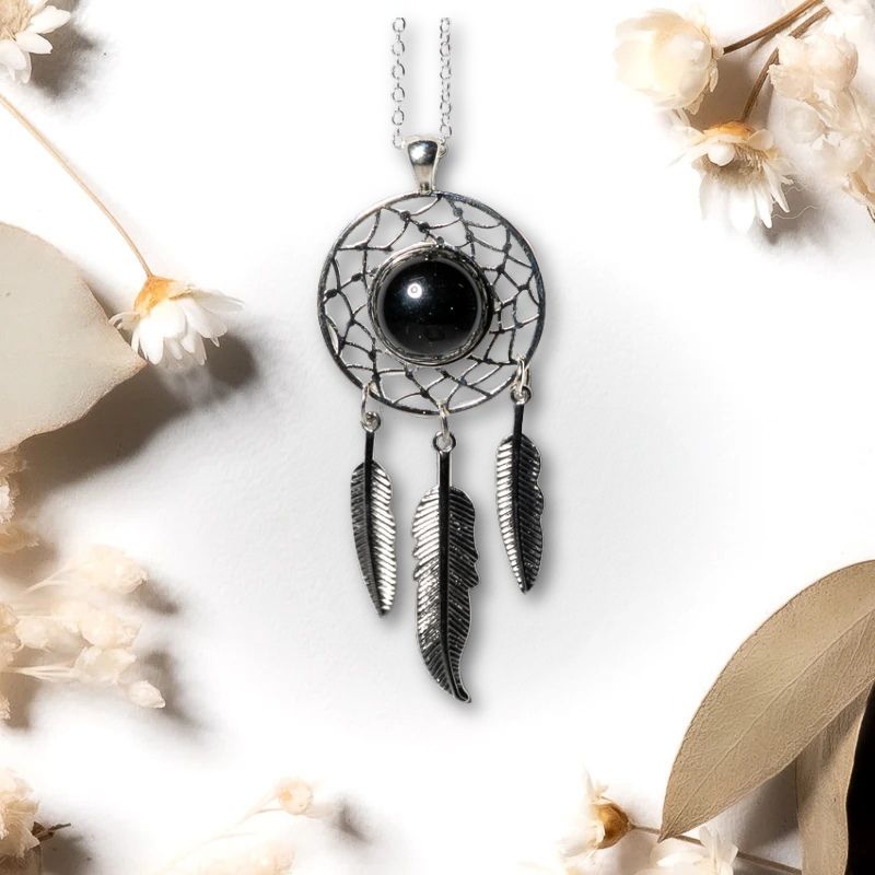 Pendentif attrape-rêves Obsidienne Noire – Protection et Stabilité Spirituelle