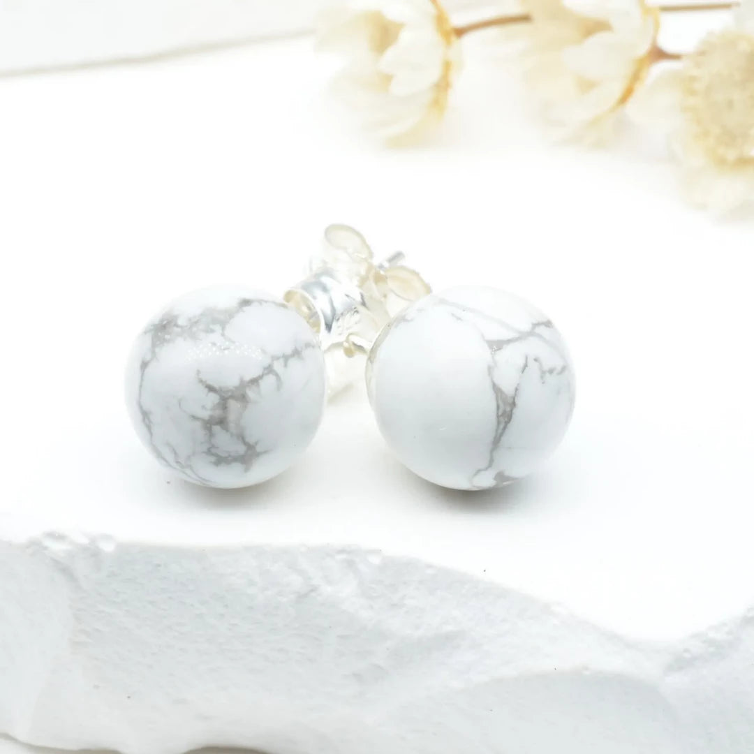 Boucles d'oreilles Howlite argent 925 rondes – Paix Intérieure et Clarté Mentale