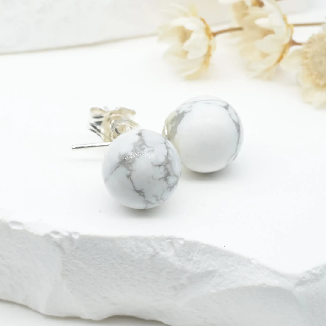 Boucles d'oreilles Howlite argent 925 rondes – Paix Intérieure et Clarté Mentale