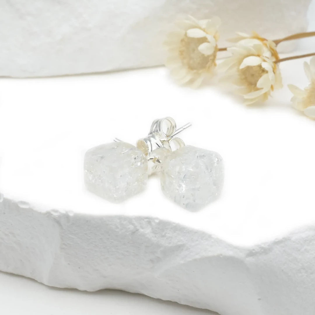 Boucles d'oreilles Cristal de roche Crack argent 925 carrées – Clarté, Guérison et Énergie Positive