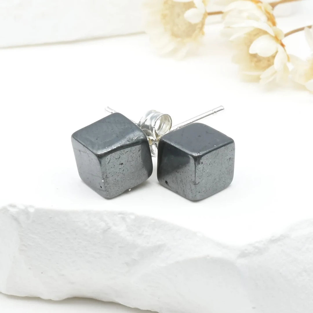 Boucles d'oreilles Hématite argent 925 carrées – Protection et Stabilité