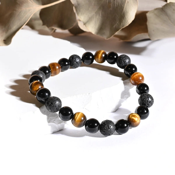 Bracelet "Force Triple" Oeil de Tigre, Onyx, Pierre de lave