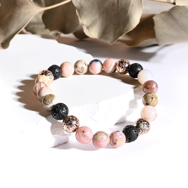 Bracelet "Bonheur & Joie de Vivre" Opale rose, Pierre de Lave Rose et Noire