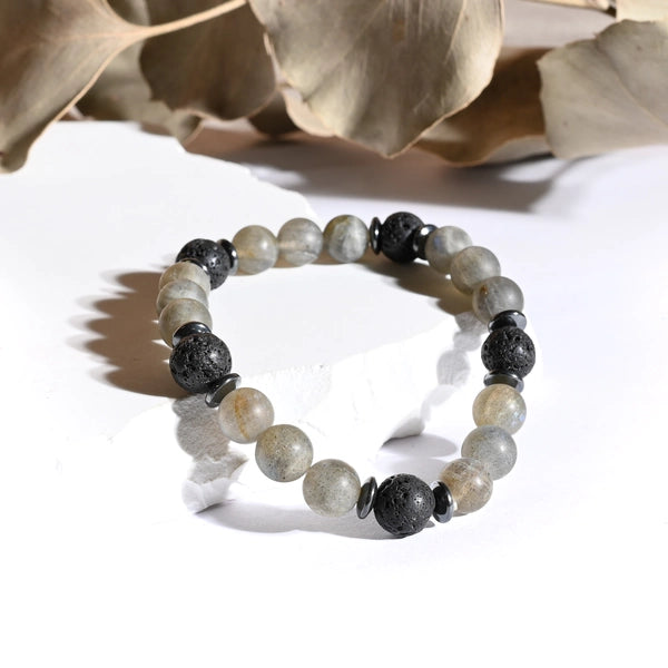 Bracelet "Force" Labradorite dépolie et Pierre de Lave