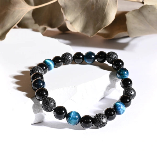 Bracelet "Force Triple" Oeil de Tigre Bleu Clair, Onyx, Pierre de lave