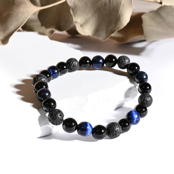 Bracelet "Force Triple" Oeil de Tigre Bleu, Onyx, Pierre de lave