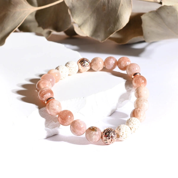 Bracelet "Énergie" Pierre de Soleil et Pierre de Lave Blanche et Rose Gold - Pierres boules