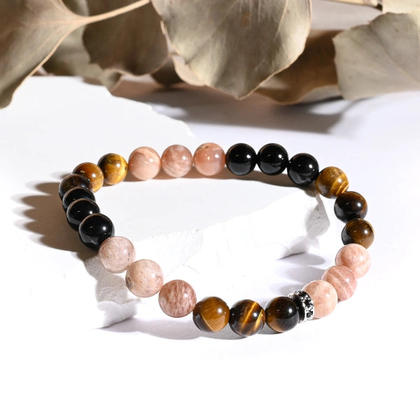 Bracelet "Énergie" Oeil de Tigre, Pierre de Soleil, Tourmaline Noire - Dakota