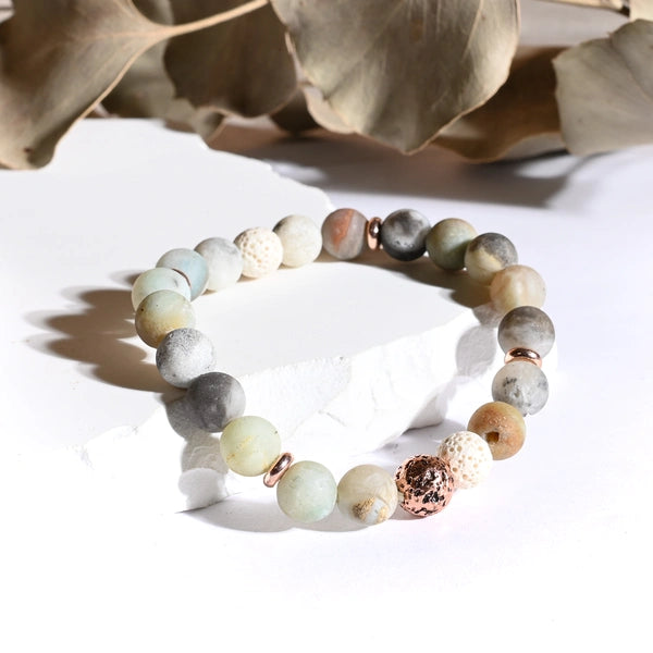 Bracelet "Anti-Âge" Amazonite, Pierre de Lave Rose et Blanche