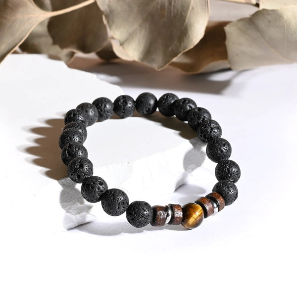 Bracelet "Force" Oeil de Tigre et Pierre de Lave