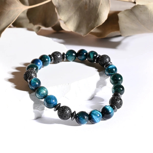 Bracelet "Protection" Oeil de Tigre Bleu et Pierre de Lave