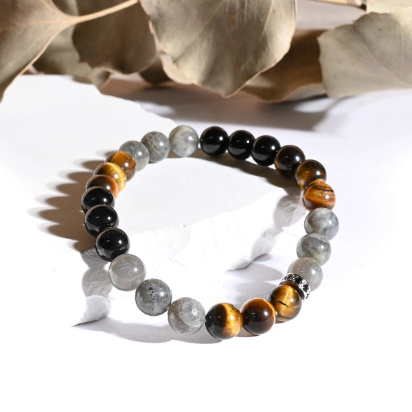 Bracelet "Protection" Labradorite, Oeil de Tigre, Tourmaline Noire - Dakota