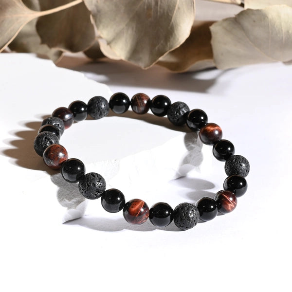 Bracelet "Force Triple" Oeil de Taureau, Onyx, Pierre de lave