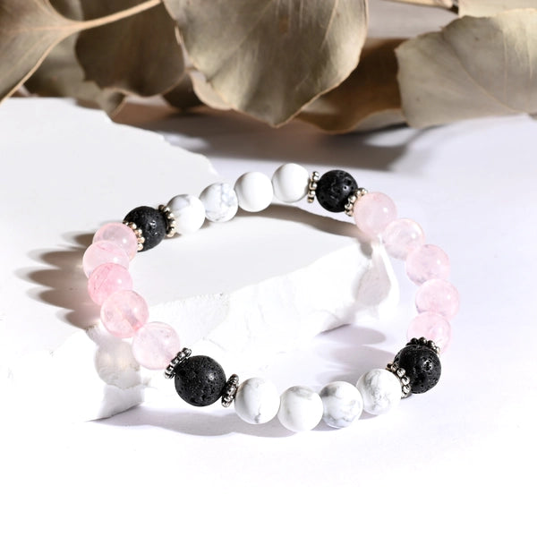Bracelet "Amour & Guérison" Howlite, Quartz Rose, Pierre de Lave