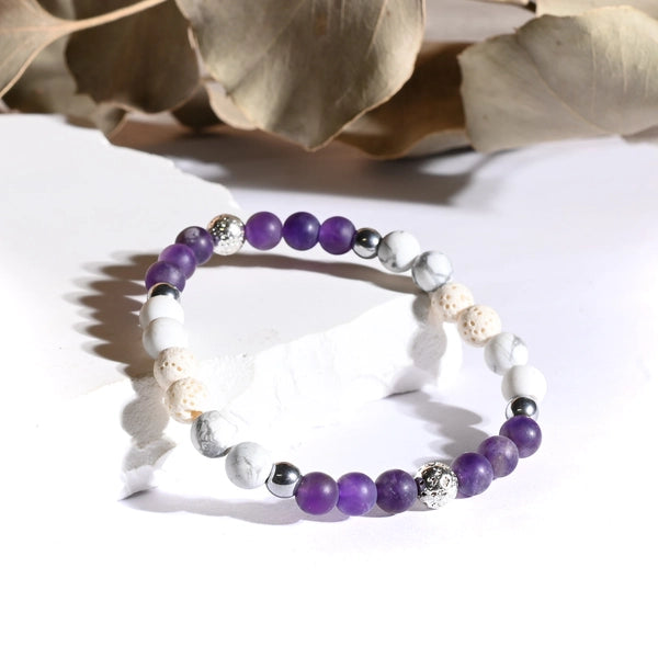 Bracelet "Anti-stress" Améthyste et Howlite dépolie Argent - Pierres boules