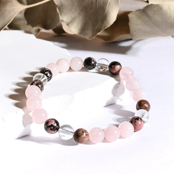 Bracelet "Confiance" Cristal de Roche, Quartz Rose, Rhodonite