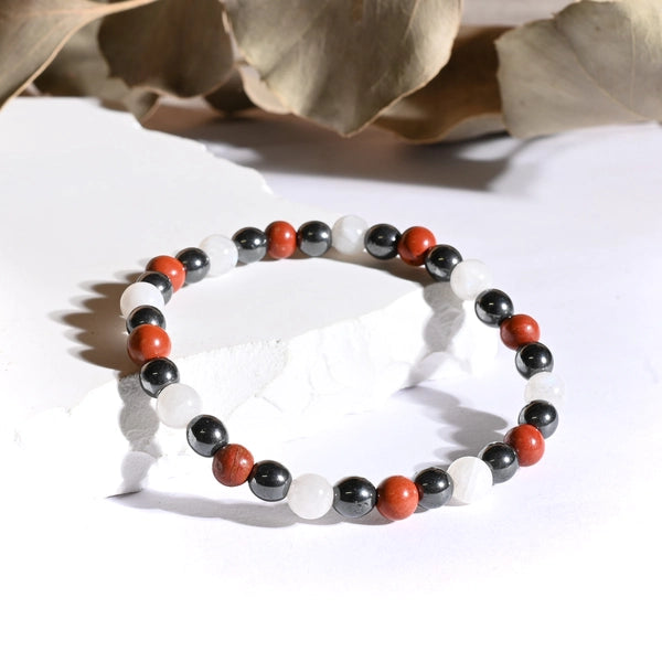 Bracelet "Couple & Libido" Hématite, Jaspe Rouge, Pierre de Lune - Triple