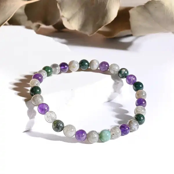 Bracelet "Confiance & Timidité" Agate Mousse, Améthyste, Labradorite - Triple