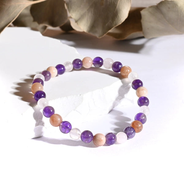 Bracelet "Sommeil & Insomnies" Améthyste, Pierre de Soleil, Quartz Rose - Mix