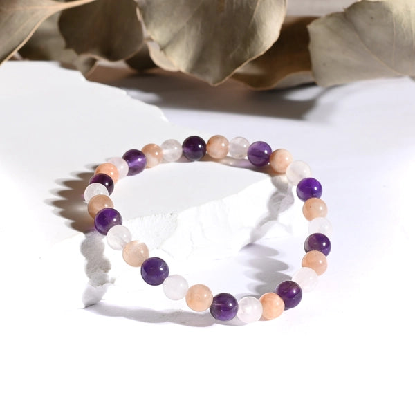 Bracelet "Sommeil & Insomnies" Améthyste, Pierre de Soleil, Quartz Rose - Triple