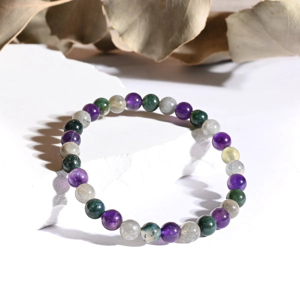 Bracelet "Confiance & Timidité" Agate Mousse, Améthyste, Labradorite - Mix