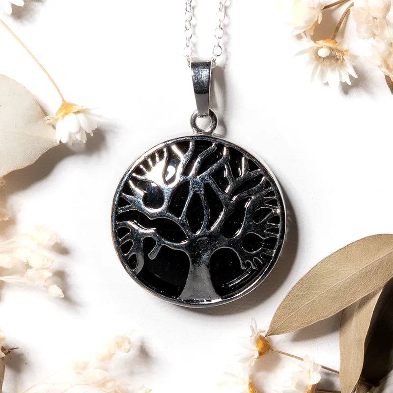 Pendentif arbre de vie argenté Onyx (Agate Noire) – Protection et Stabilité